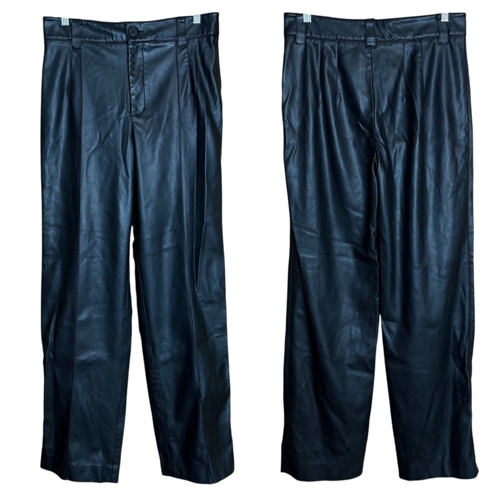 Zara Vegan Faux Leather Black High Waist Relaxed Straight Leg Trouser Pants M